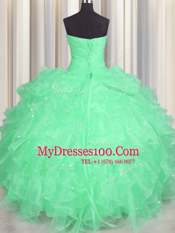 Captivating Beading and Ruffles Ball Gown Prom Dress Apple Green Lace Up Sleeveless Floor Length