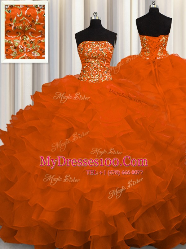 Strapless Sleeveless Organza Quinceanera Dresses Beading and Ruffles Sweep Train Lace Up
