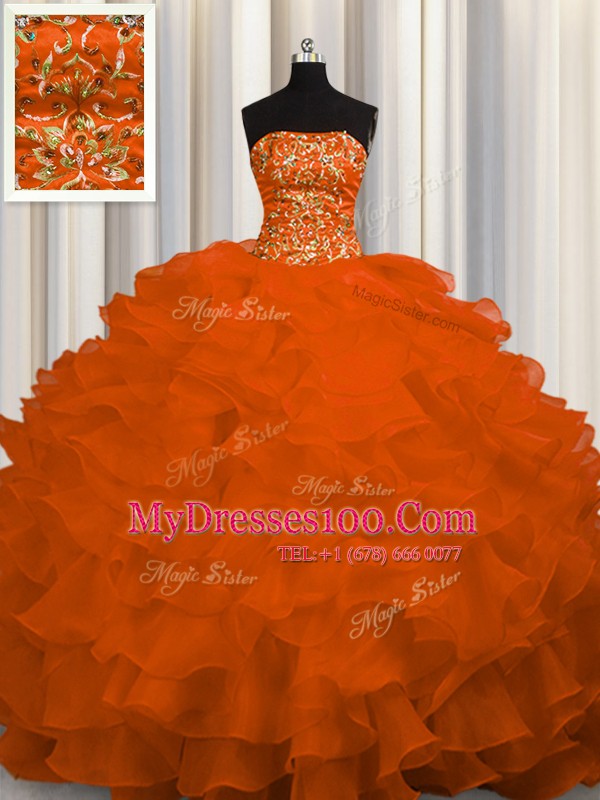 Strapless Sleeveless Organza Quinceanera Dresses Beading and Ruffles Sweep Train Lace Up