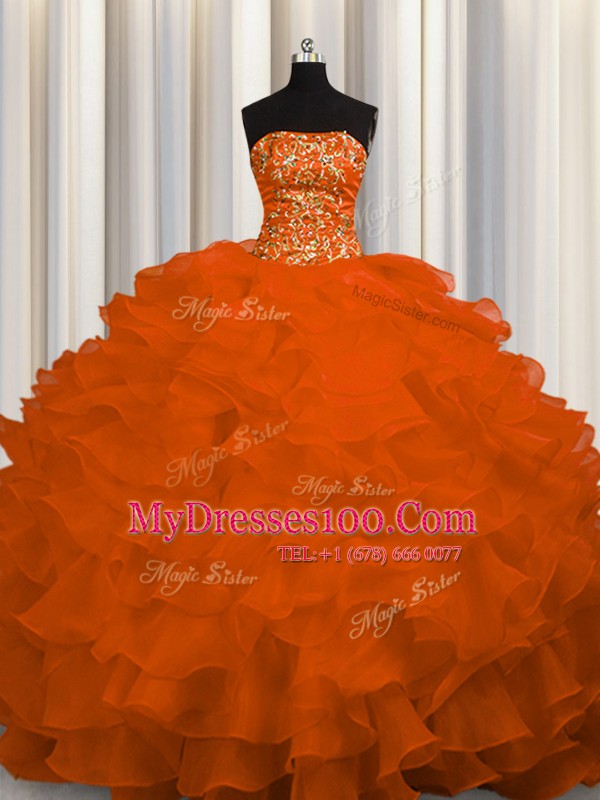 Strapless Sleeveless Organza Quinceanera Dresses Beading and Ruffles Sweep Train Lace Up
