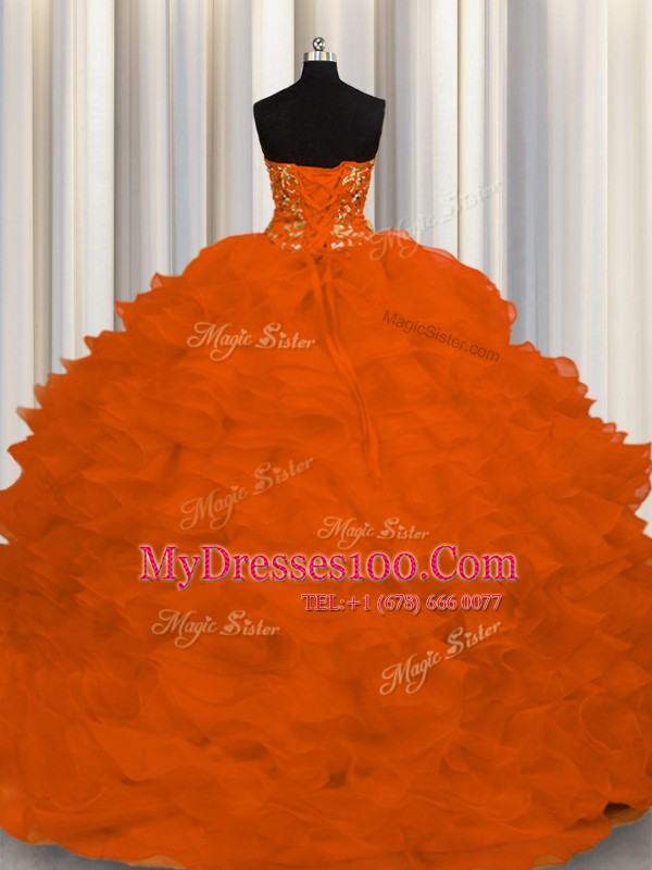Strapless Sleeveless Organza Quinceanera Dresses Beading and Ruffles Sweep Train Lace Up