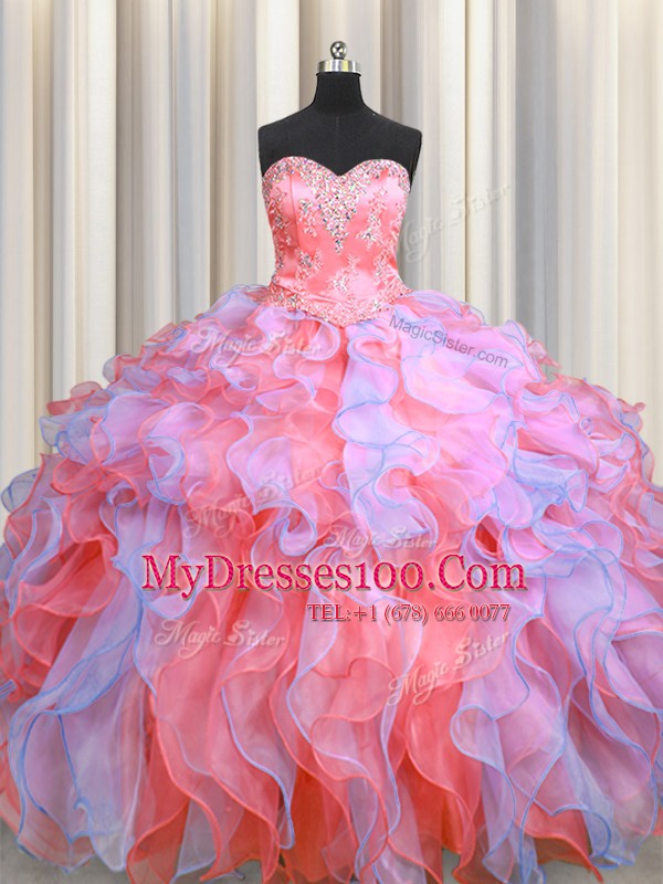 Clearance Multi-color Organza Lace Up Sweetheart Sleeveless Floor Length Sweet 16 Dresses Beading and Appliques and Ruffles