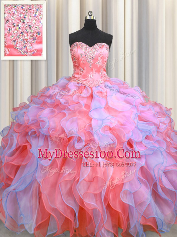 Clearance Multi-color Organza Lace Up Sweetheart Sleeveless Floor Length Sweet 16 Dresses Beading and Appliques and Ruffles