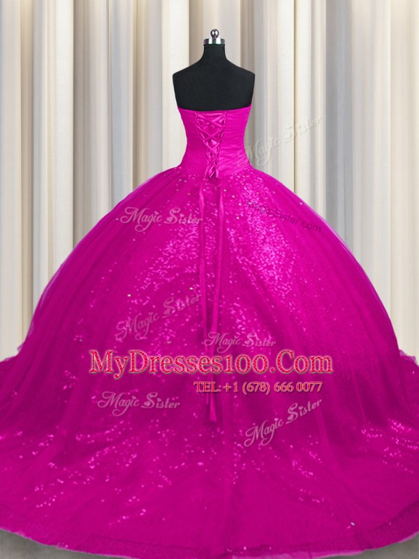 Court Train Sequined Fuchsia Sleeveless With Train Beading and Appliques Lace Up Sweet 16 Quinceanera Dress
