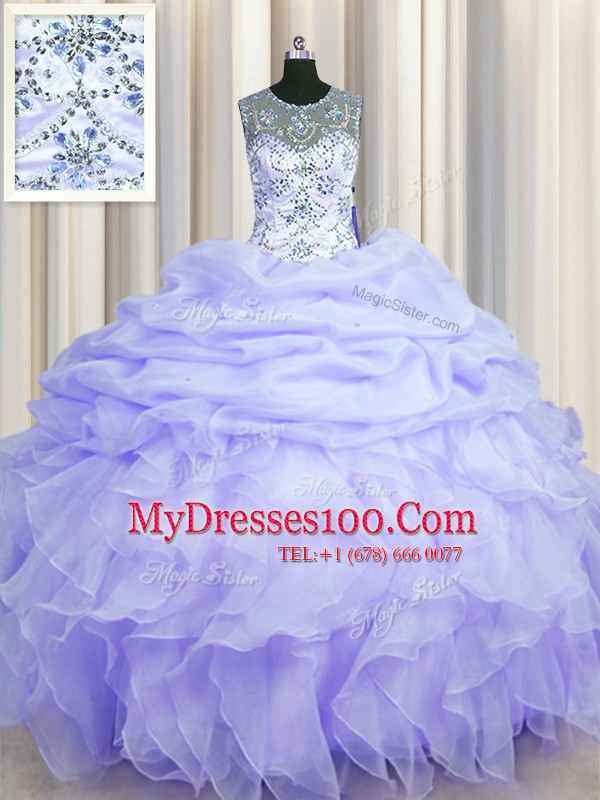 Custom Designed See Through Lavender Ball Gowns Scoop Sleeveless Organza Floor Length Lace Up Beading and Ruffles and Pick Ups Quinceanera Dresses
