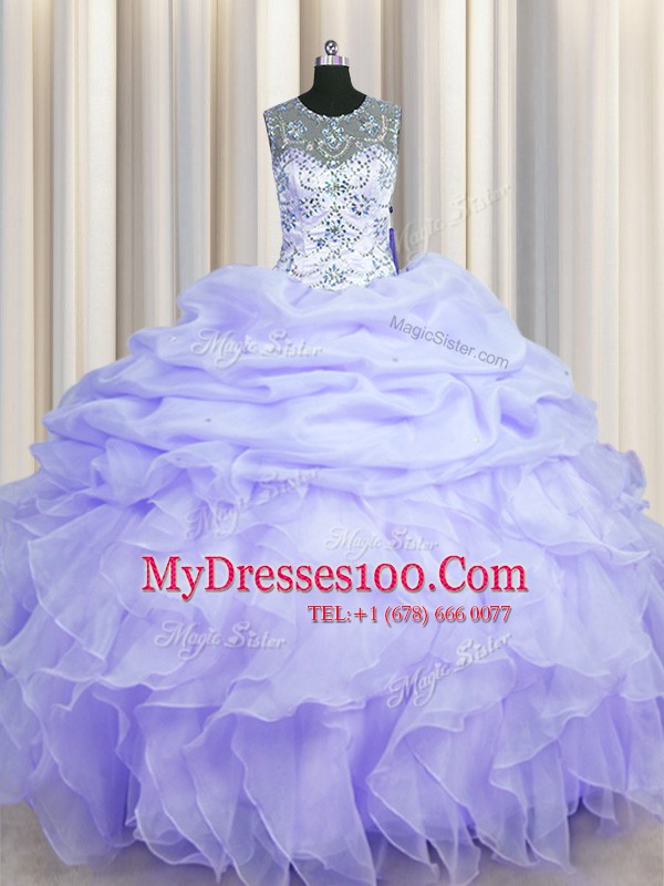 Custom Designed See Through Lavender Ball Gowns Scoop Sleeveless Organza Floor Length Lace Up Beading and Ruffles and Pick Ups Quinceanera Dresses