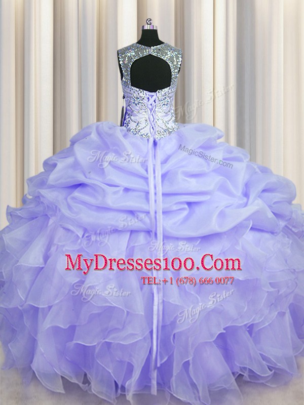 Custom Designed See Through Lavender Ball Gowns Scoop Sleeveless Organza Floor Length Lace Up Beading and Ruffles and Pick Ups Quinceanera Dresses