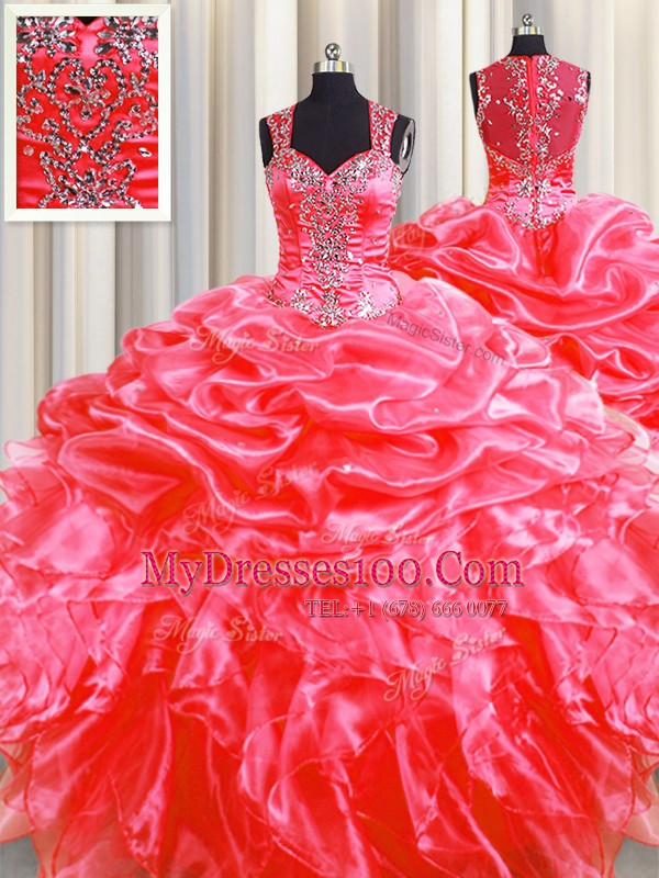 Pick Ups Zipper Up See Through Back Coral Red Straps Zipper Beading and Ruffles Quinceanera Gowns Sweep Train Sleeveless