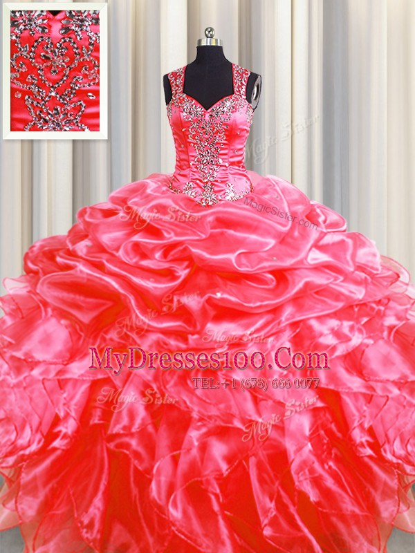 Pick Ups Zipper Up See Through Back Coral Red Straps Zipper Beading and Ruffles Quinceanera Gowns Sweep Train Sleeveless