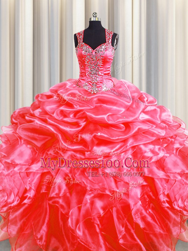 Pick Ups Zipper Up See Through Back Coral Red Straps Zipper Beading and Ruffles Quinceanera Gowns Sweep Train Sleeveless