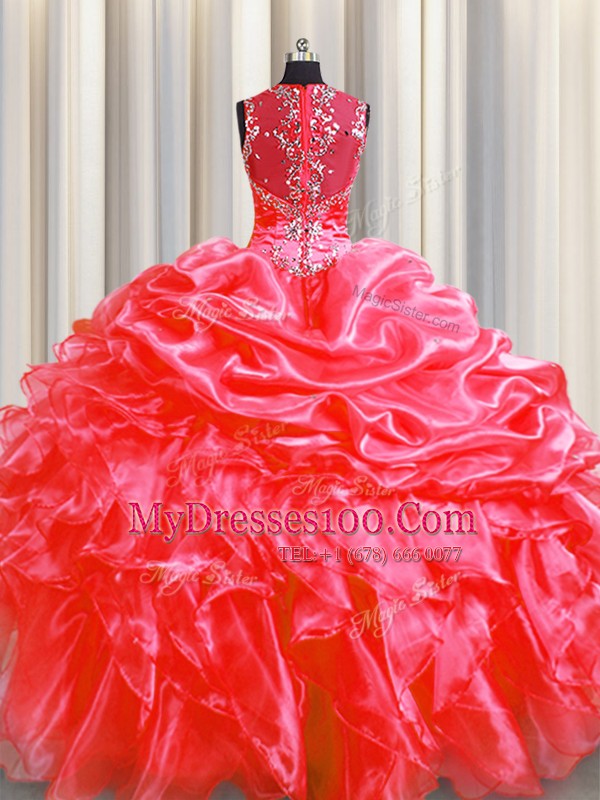 Pick Ups Zipper Up See Through Back Coral Red Straps Zipper Beading and Ruffles Quinceanera Gowns Sweep Train Sleeveless