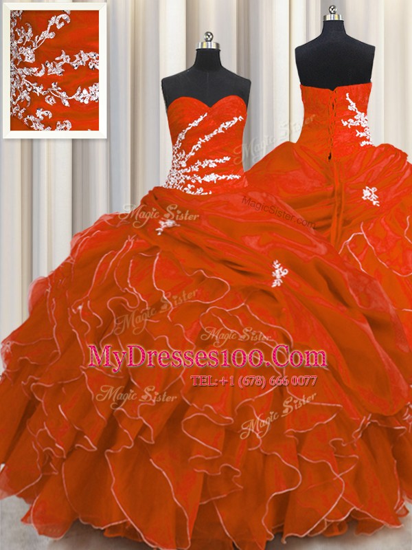 Amazing Red Organza Lace Up Sweetheart Sleeveless Floor Length Ball Gown Prom Dress Beading and Appliques and Ruffles