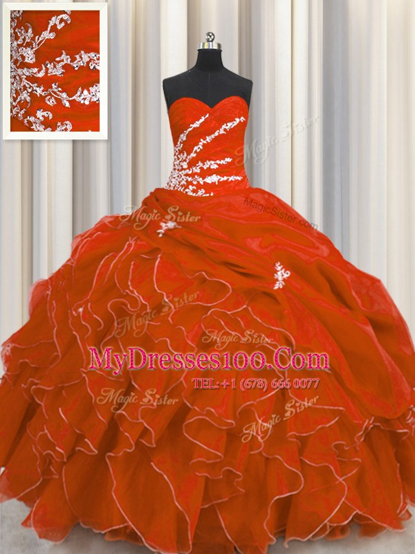 Amazing Red Organza Lace Up Sweetheart Sleeveless Floor Length Ball Gown Prom Dress Beading and Appliques and Ruffles