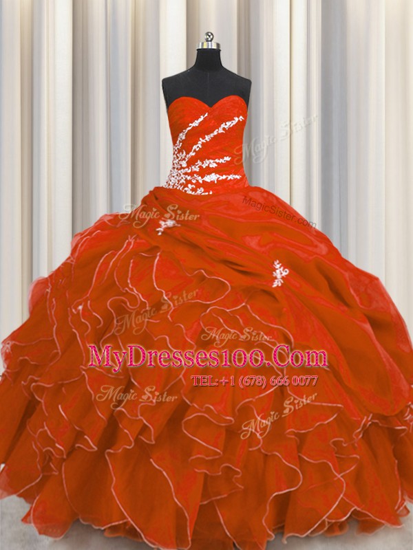 Amazing Red Organza Lace Up Sweetheart Sleeveless Floor Length Ball Gown Prom Dress Beading and Appliques and Ruffles