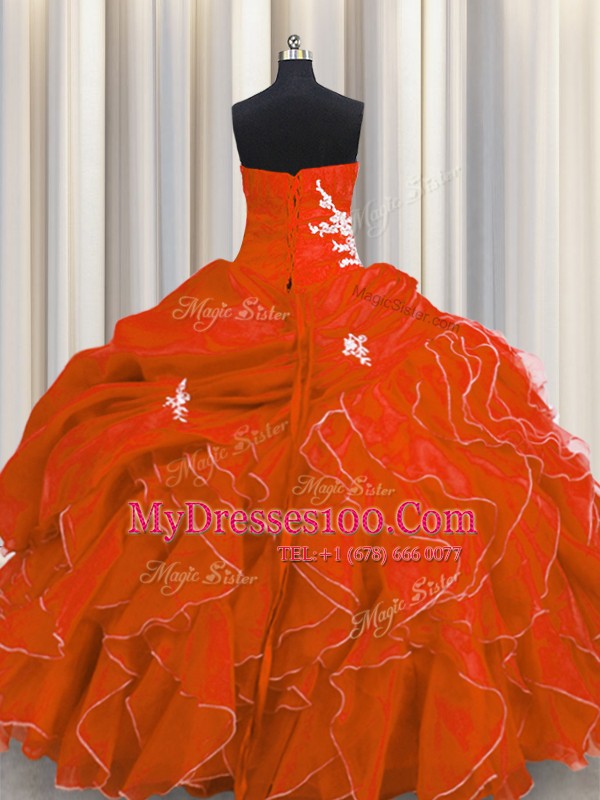 Amazing Red Organza Lace Up Sweetheart Sleeveless Floor Length Ball Gown Prom Dress Beading and Appliques and Ruffles