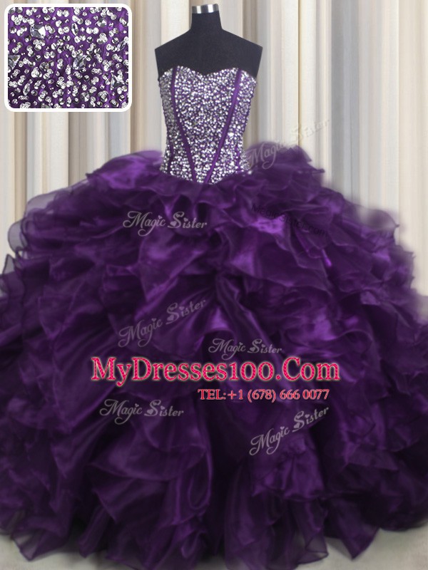Bling-bling Organza Sweetheart Sleeveless Brush Train Lace Up Beading and Ruffles Quinceanera Dress in Purple