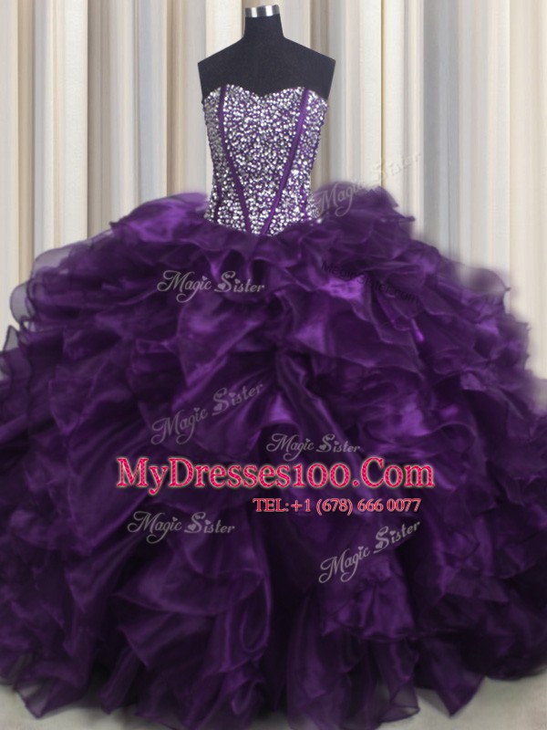 Bling-bling Organza Sweetheart Sleeveless Brush Train Lace Up Beading and Ruffles Quinceanera Dress in Purple