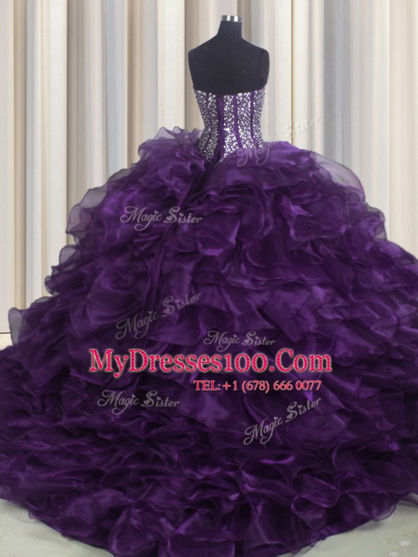 Bling-bling Organza Sweetheart Sleeveless Brush Train Lace Up Beading and Ruffles Quinceanera Dress in Purple