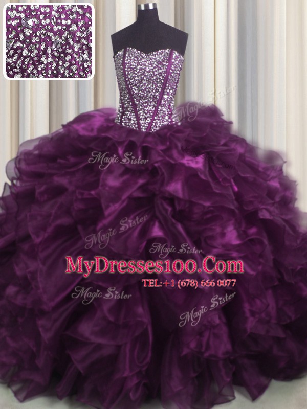 Attractive Visible Boning Sweetheart Sleeveless Organza 15 Quinceanera Dress Beading and Ruffles Brush Train Lace Up