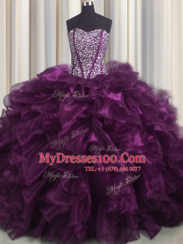 Attractive Visible Boning Sweetheart Sleeveless Organza 15 Quinceanera Dress Beading and Ruffles Brush Train Lace Up