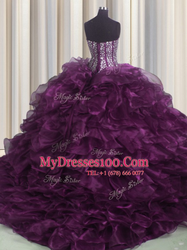 Attractive Visible Boning Sweetheart Sleeveless Organza 15 Quinceanera Dress Beading and Ruffles Brush Train Lace Up