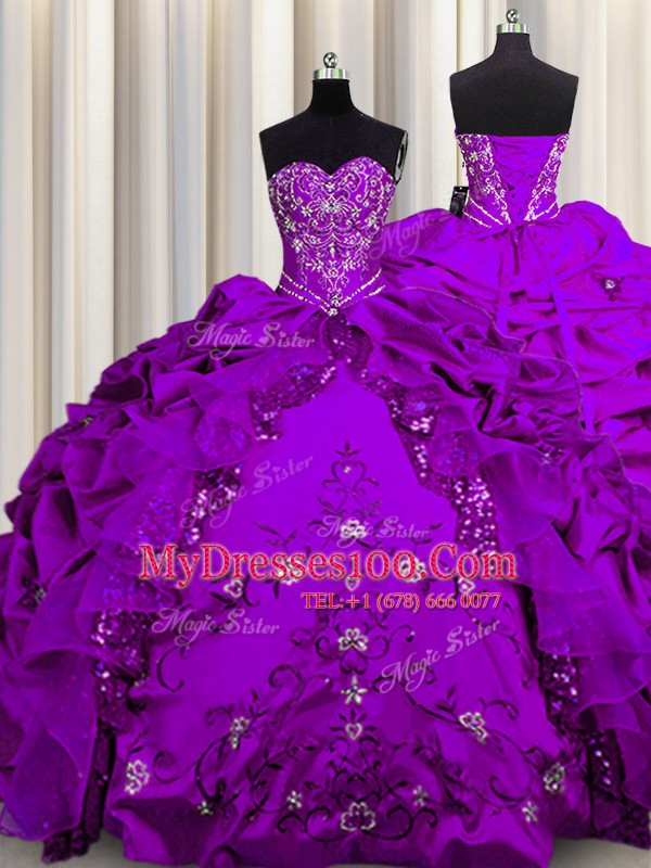 Embroidery Sequins Floor Length Ball Gowns Sleeveless Purple Quinceanera Dresses Lace Up