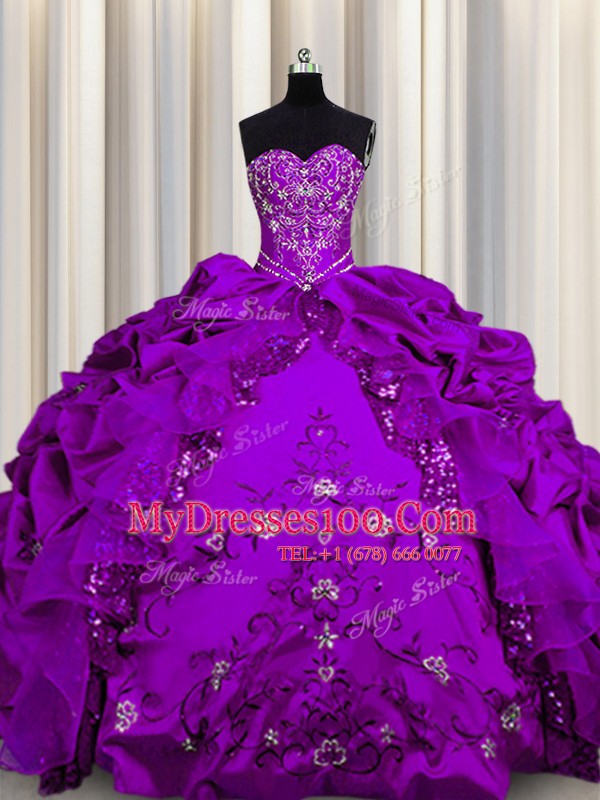 Embroidery Sequins Floor Length Ball Gowns Sleeveless Purple Quinceanera Dresses Lace Up