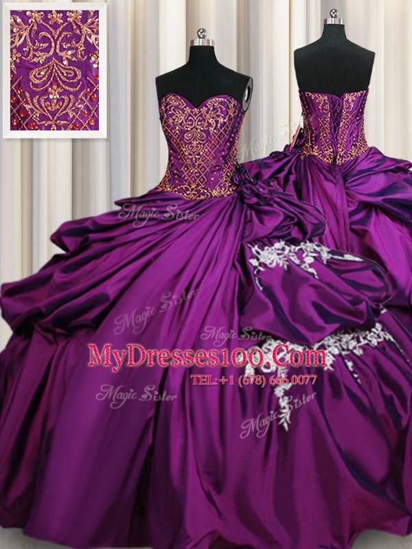 Pretty Purple Ball Gowns Beading and Appliques Sweet 16 Dresses Lace Up Taffeta Sleeveless Floor Length