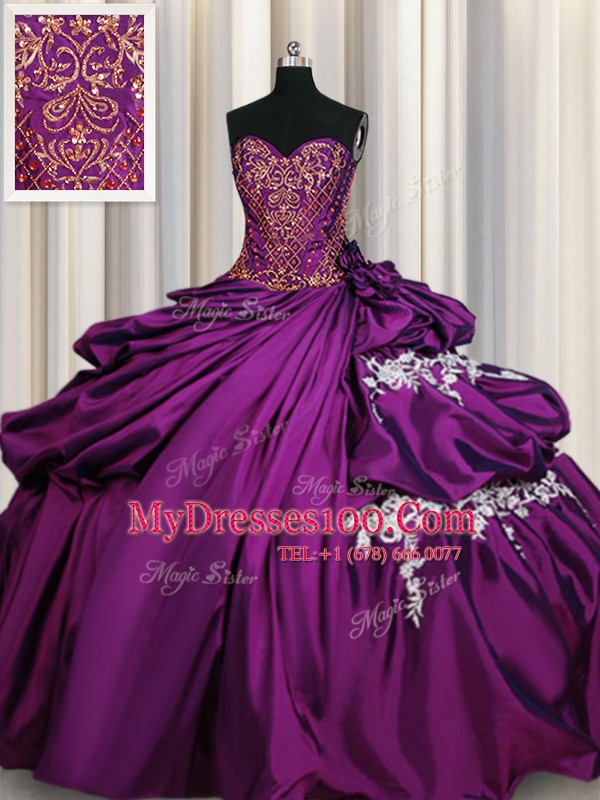 Pretty Purple Ball Gowns Beading and Appliques Sweet 16 Dresses Lace Up Taffeta Sleeveless Floor Length