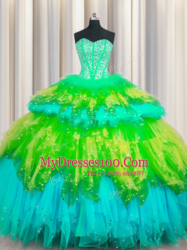 Bling-bling Visible Boning Multi-color Sweetheart Neckline Beading and Ruffles and Ruffled Layers and Sequins 15 Quinceanera Dress Sleeveless Lace Up