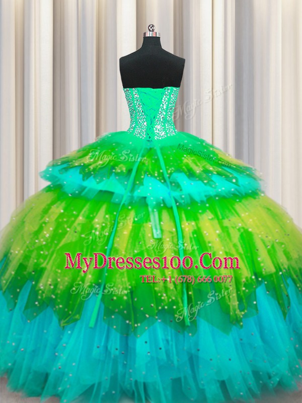 Bling-bling Visible Boning Multi-color Sweetheart Neckline Beading and Ruffles and Ruffled Layers and Sequins 15 Quinceanera Dress Sleeveless Lace Up