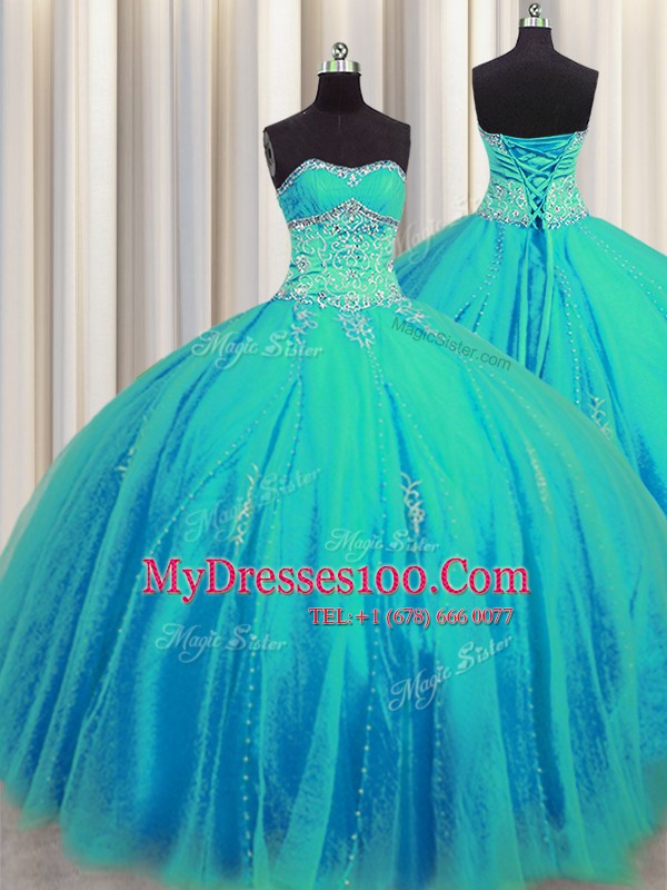 Glamorous Big Puffy Floor Length Aqua Blue Ball Gown Prom Dress Tulle Sleeveless Beading and Appliques