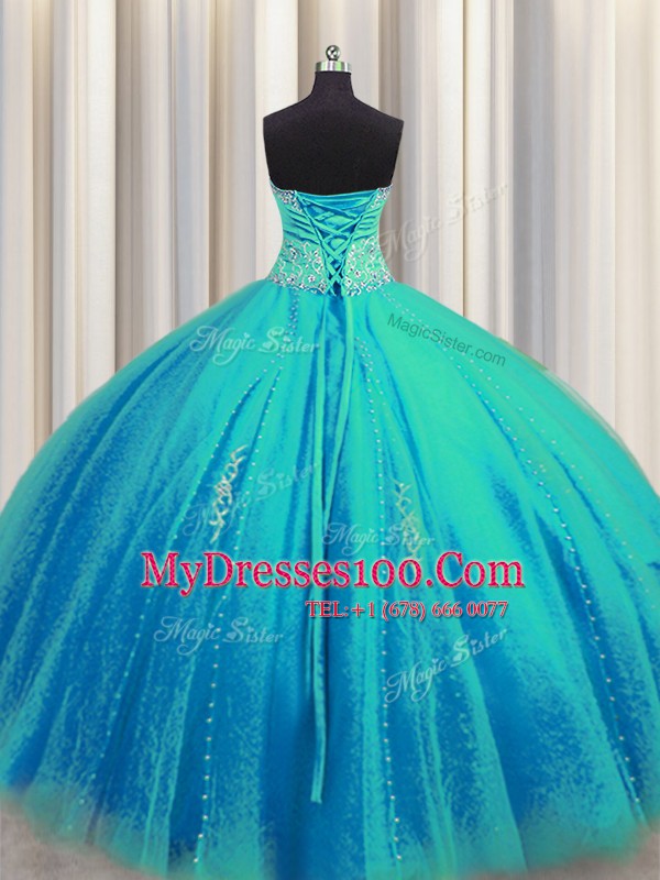 Glamorous Big Puffy Floor Length Aqua Blue Ball Gown Prom Dress Tulle Sleeveless Beading and Appliques