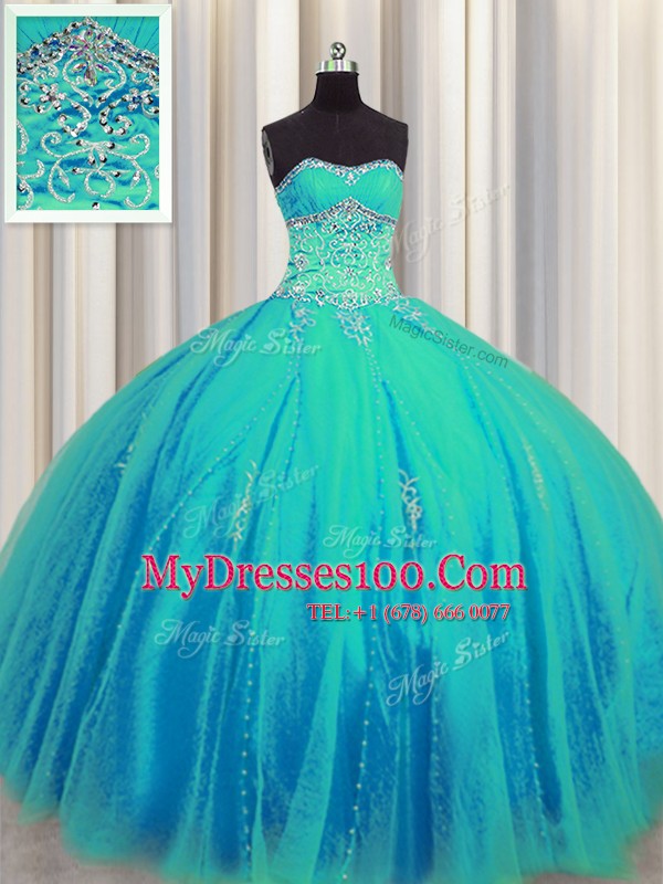 Glamorous Big Puffy Floor Length Aqua Blue Ball Gown Prom Dress Tulle Sleeveless Beading and Appliques