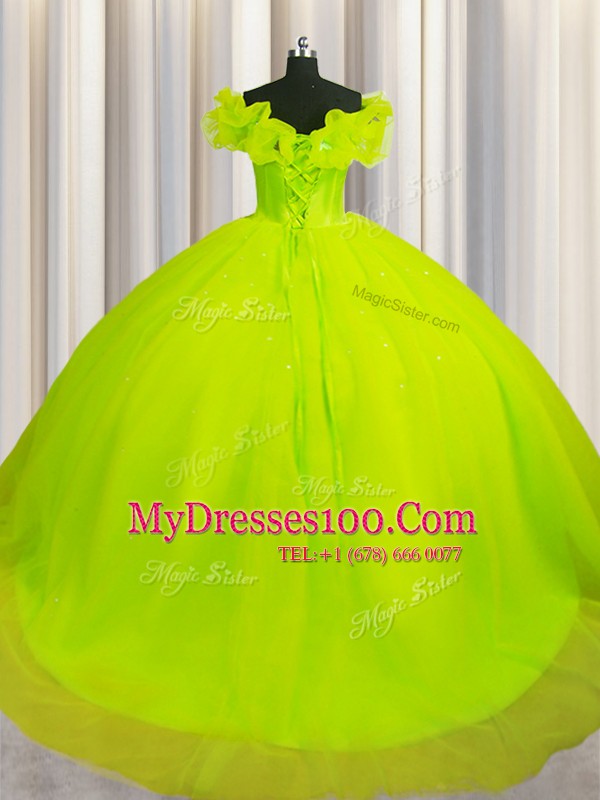 Great Off The Shoulder Yellow Green Short Sleeves With Train Ruching Lace Up Quince Ball Gowns