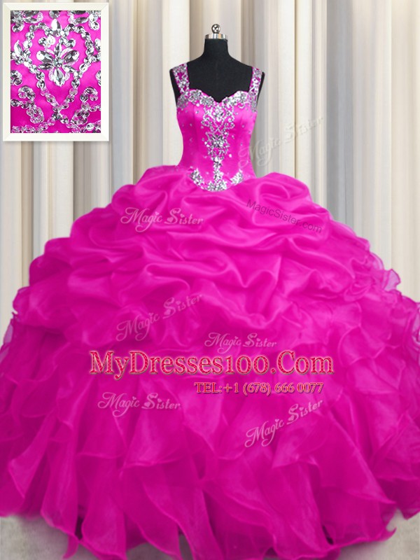 See Through Zipper Up Hot Pink Sleeveless Floor Length Appliques and Ruffles and Ruffled Layers Zipper Quinceanera Gowns