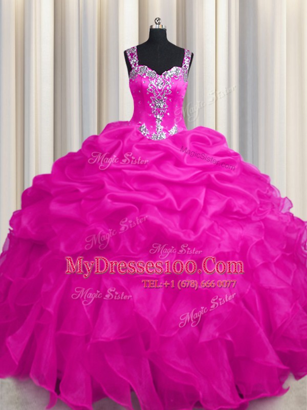 See Through Zipper Up Hot Pink Sleeveless Floor Length Appliques and Ruffles and Ruffled Layers Zipper Quinceanera Gowns