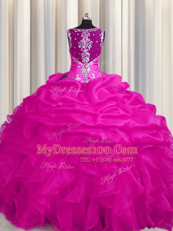 See Through Zipper Up Hot Pink Sleeveless Floor Length Appliques and Ruffles and Ruffled Layers Zipper Quinceanera Gowns