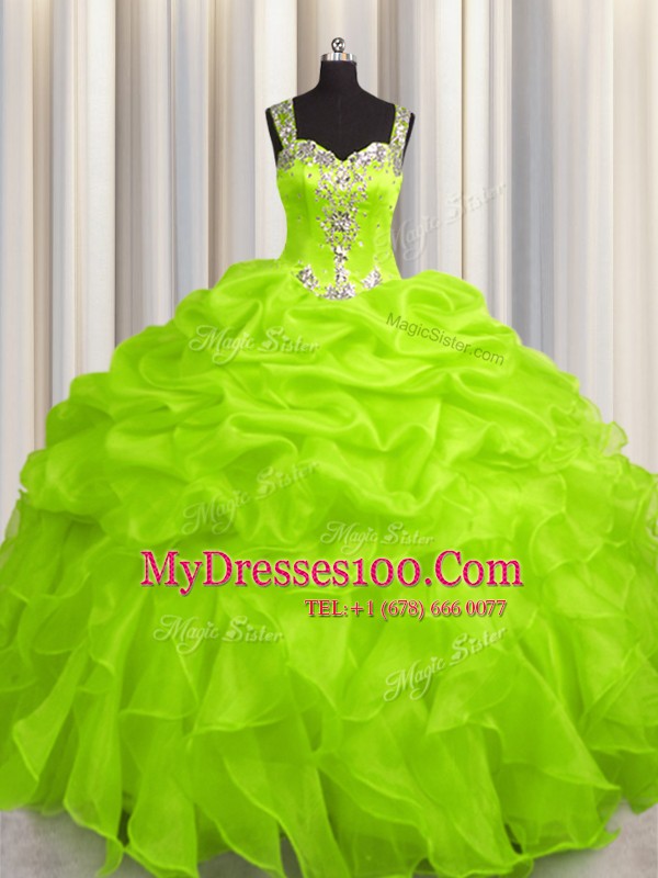 See Through Zipper Up Organza Sleeveless Floor Length Vestidos de Quinceanera and Appliques and Ruffles