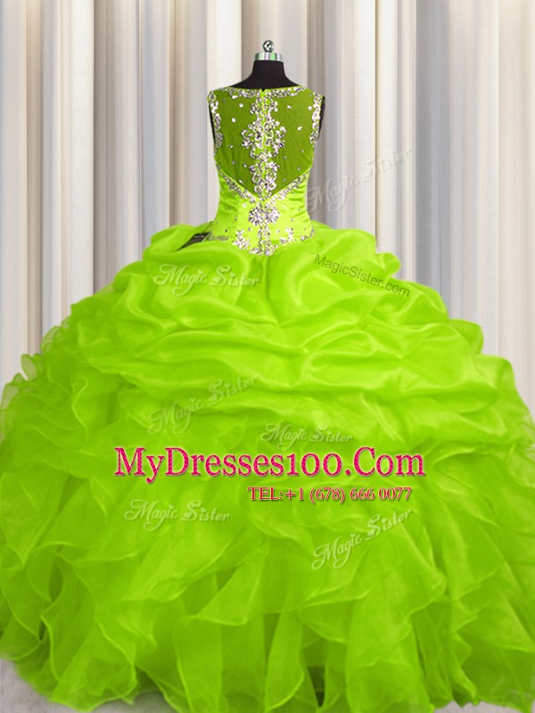 See Through Zipper Up Organza Sleeveless Floor Length Vestidos de Quinceanera and Appliques and Ruffles