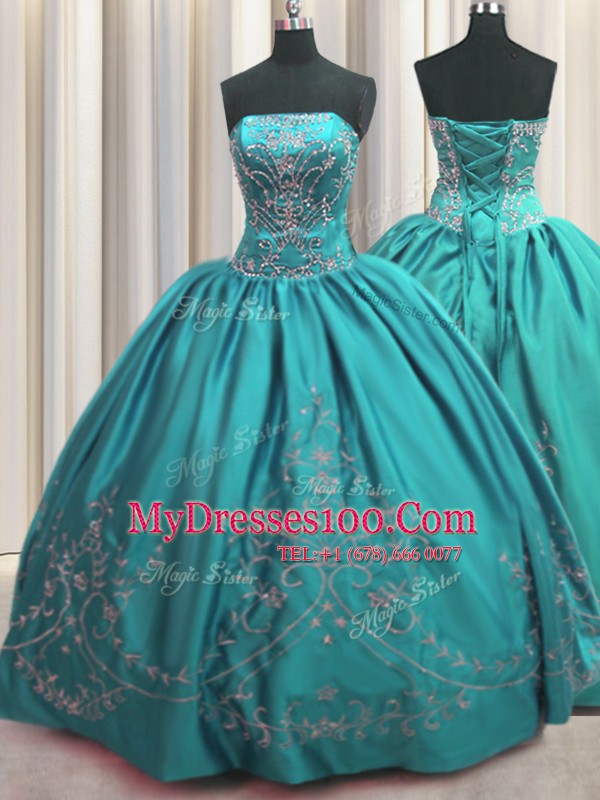 Embroidery Floor Length Teal Quinceanera Gown Strapless Sleeveless Lace Up