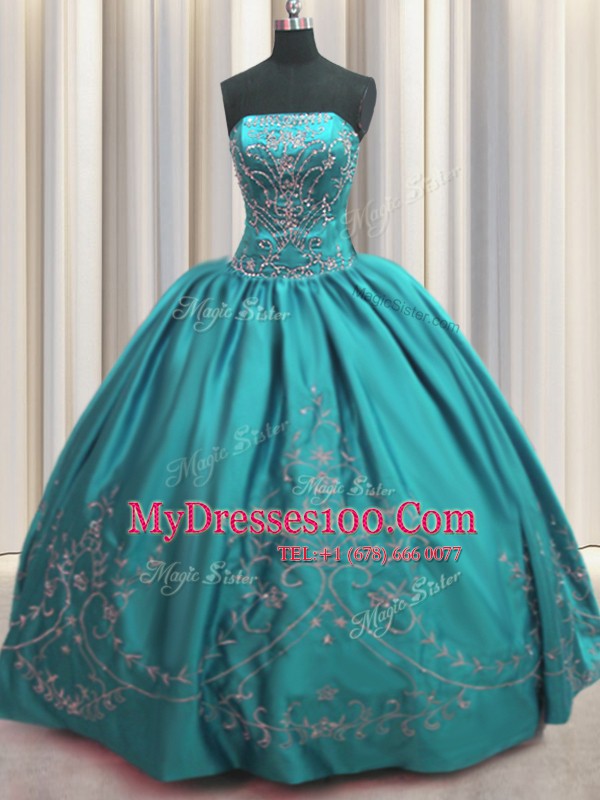 Embroidery Floor Length Teal Quinceanera Gown Strapless Sleeveless Lace Up