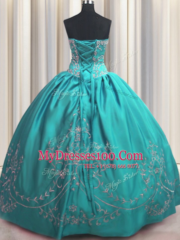 Embroidery Floor Length Teal Quinceanera Gown Strapless Sleeveless Lace Up
