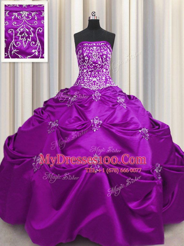 Exquisite Embroidery Ball Gowns Vestidos de Quinceanera Eggplant Purple Strapless Taffeta Sleeveless Floor Length Lace Up