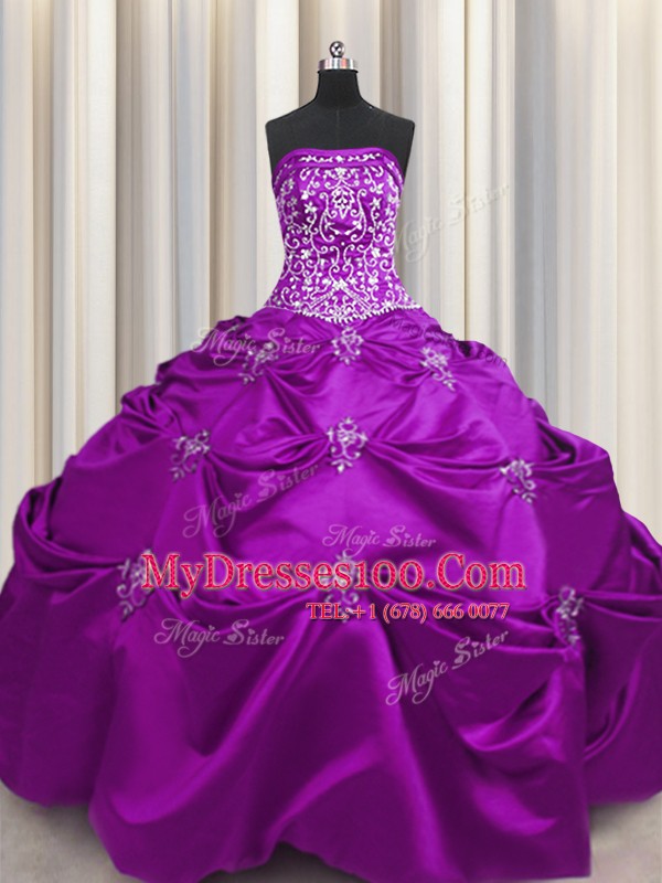 Exquisite Embroidery Ball Gowns Vestidos de Quinceanera Eggplant Purple Strapless Taffeta Sleeveless Floor Length Lace Up