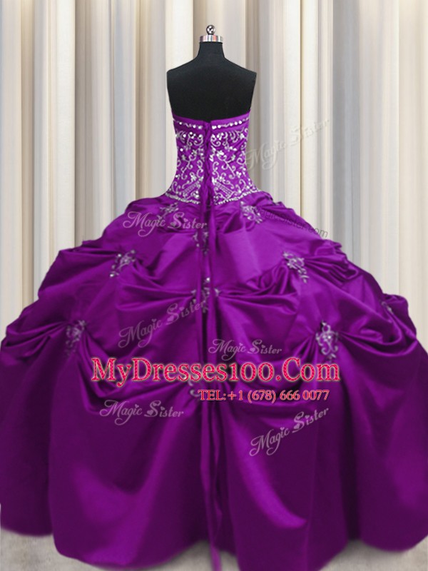 Exquisite Embroidery Ball Gowns Vestidos de Quinceanera Eggplant Purple Strapless Taffeta Sleeveless Floor Length Lace Up