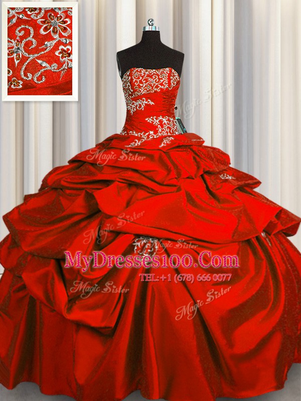 Edgy Sleeveless Floor Length Appliques and Pick Ups Lace Up 15th Birthday Dress with Red
