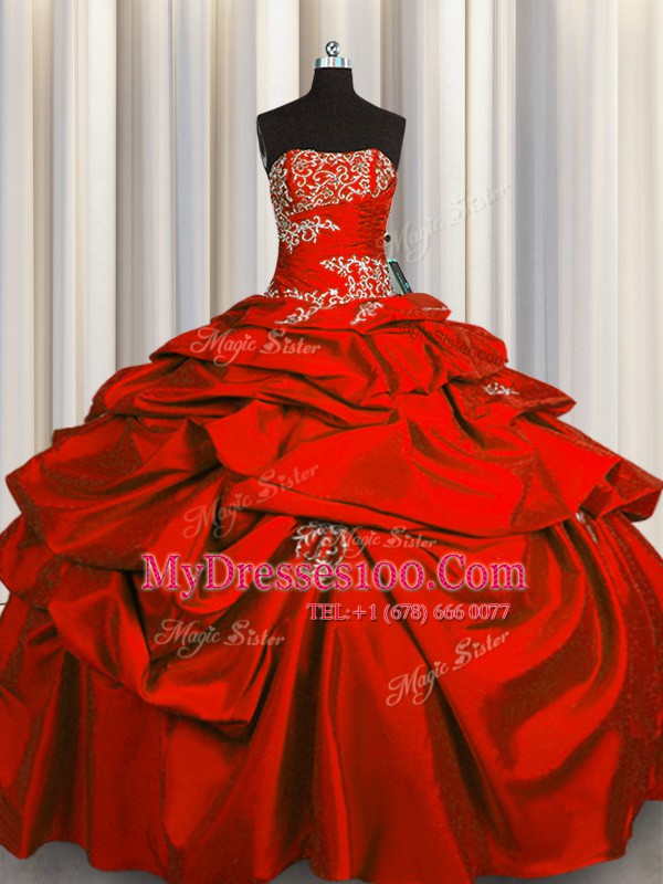 Edgy Sleeveless Floor Length Appliques and Pick Ups Lace Up 15th Birthday Dress with Red