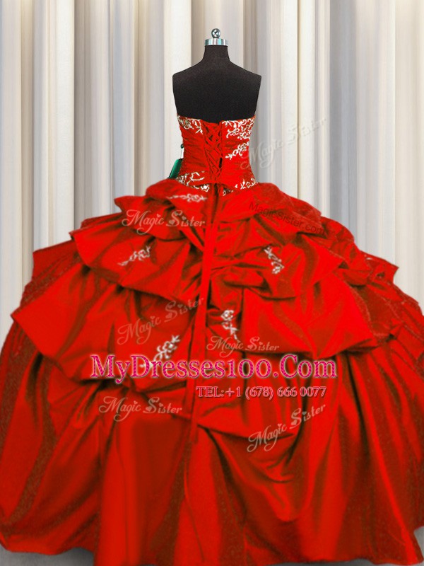 Edgy Sleeveless Floor Length Appliques and Pick Ups Lace Up 15th Birthday Dress with Red