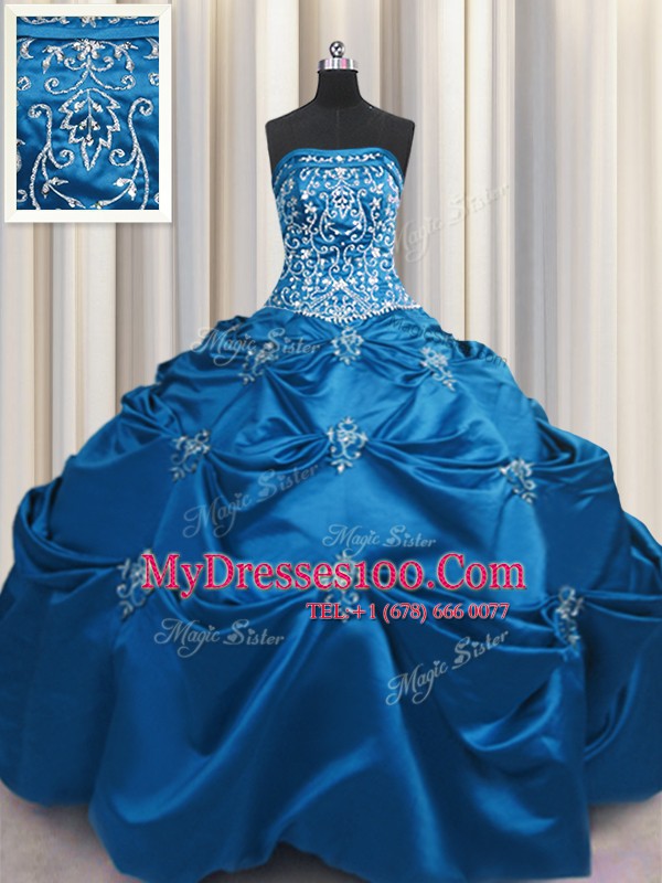 Teal Ball Gowns Strapless Sleeveless Taffeta Floor Length Lace Up Beading and Appliques and Embroidery Ball Gown Prom Dress